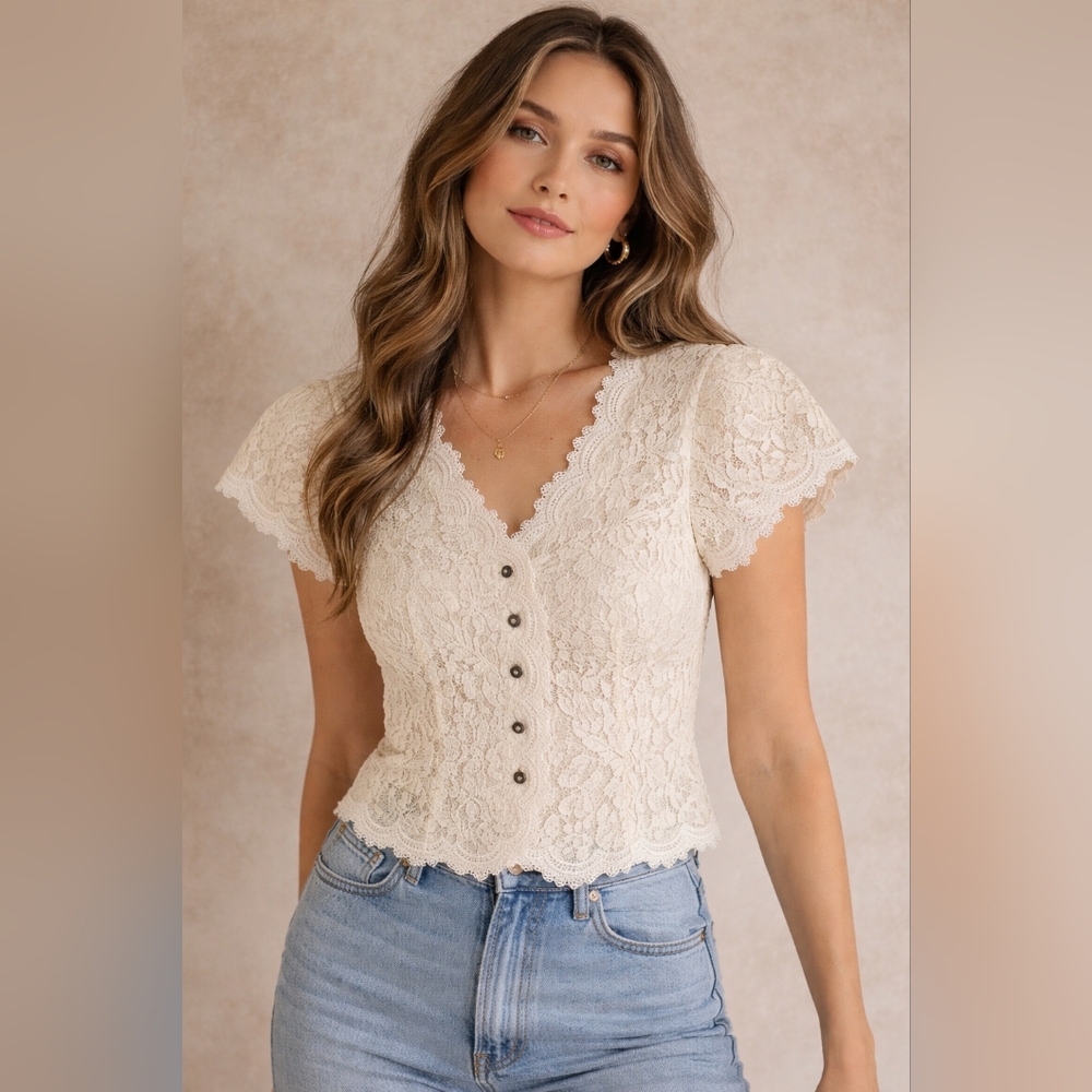 Vintage Cream Lace Blouse | Romantic Cottagecore Button Front Top